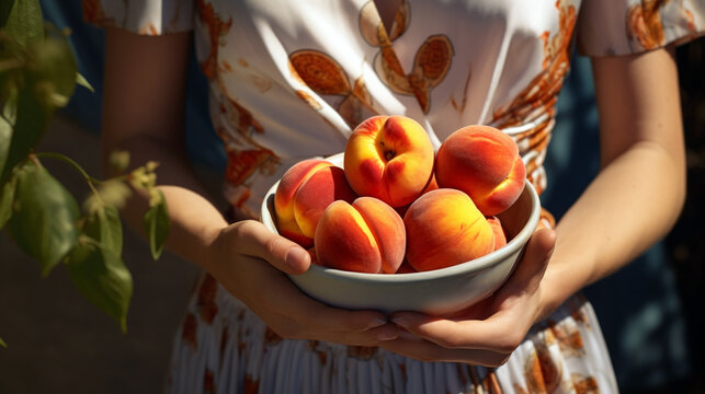 woman holding a plate of peaches. Generative Ai. 