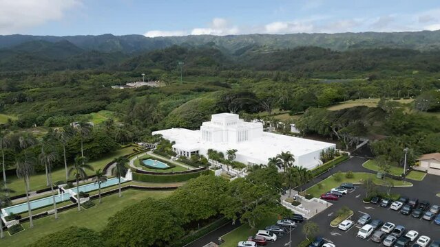Aerial parallax above the Laie Hawaii LDS Temple in Oahu, Hawaii.
