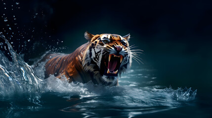 Roaring tiger crossing the stream. AI generated
