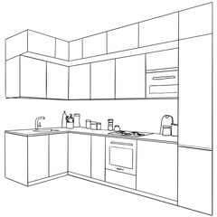 Interior sketch of kitchen room. Outline blueprint design of kitchen with modern furniture