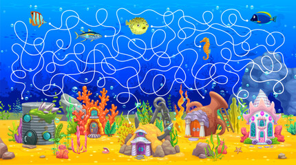 Labyrinth maze game. Help to fish find himself fairytale underwater house. Find way kids puzzle, maze quiz vector worksheet with seashell, coral, oil barrel and ceramic pot houses on sea bottom