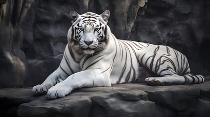 White tiger or bleached tiger lying on the rock. AI generated