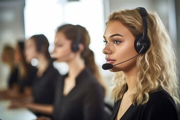 A portrait of a blonde  young woman working as a call center operator, wearing headphones 