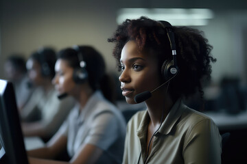 A portrait of a  young  African-American woman working as a call center operator, wearing headphones. Generative AI