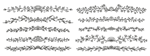 Fototapeta premium Floral wedding dividers, borders and delimiters, flourish vignettes and separators, vector line frames. Wedding marriage invitation card or RSVP engagement design elements of flourish floral dividers