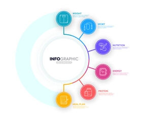 Infographics on nutrition, healthy food and fitness workout, health diet and wellness vector diagram elements. Infographics chart on sport lifestyle, energy and body weight balance or meal plan