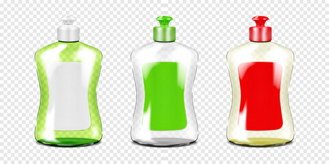Empty clear plastic bottle with screw push-pull cap and blank label color vector mockup set. Liquid soap, dishwashing liquid container mock-up. Template for design. Easy to recolor