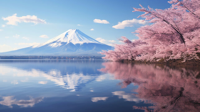 Beautiful Landscape of Fuji Mountain with Lake and Cherry Blossom Tree on a Blue Sky