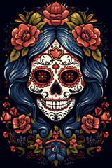 La Catrina dia de muertos Skull. Bemalter Schädel mit Blumen Deko. Tag der Toten in Mexico. Hochkant. Hochformat. Generative Ai.
