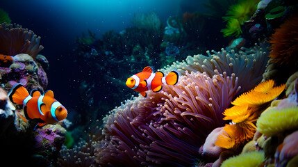 Obraz na płótnie Canvas Nemo fish among coral reefs. Marine environment. AI generated