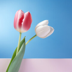 pink and white tulips on blue background