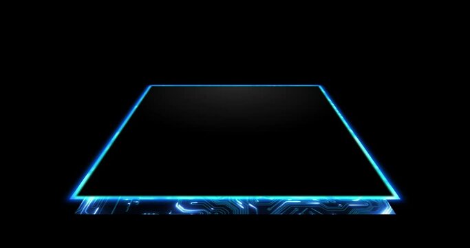 Digital hologram, microchip and circuit board for computer, coding and information technology. Cybersecurity, software and CPU processor for server, data and motherboard hardware on black background