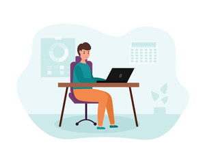 Cartoon man working as programmer in office. Young people working using computer and laptop. Process of developing and testing software. Vector illustration