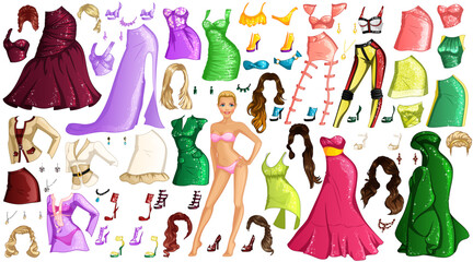 Fototapeta na wymiar Celebrity Paper Doll with Clothes, Hairstyles and Accessories. Vector Illustration