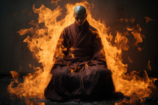 Self Immolation Buddhist Monk on Fire. Generative AI