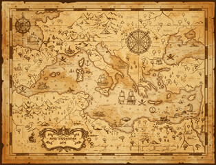 Old vintage map of Mediterranean sea, pirate sailing and treasure island, antique vector. Map of Mediterranean sea with fantasy monsters and seafaring ship plan in Europe with compass wind rose © Vector Tradition