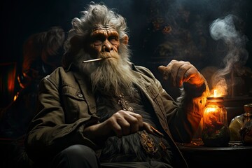 Obraz premium An illustration of a monkey in a business suit sits in a leather armchair, smoke cigarette, dim light creating a contrast between indulgence and melancholy. Generative Ai. 