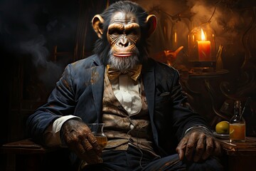 An illustration of a monkey in a business suit sits in a leather armchair, drinking beer from a glass, dim light creating a contrast between indulgence and melancholy. Generative Ai. 