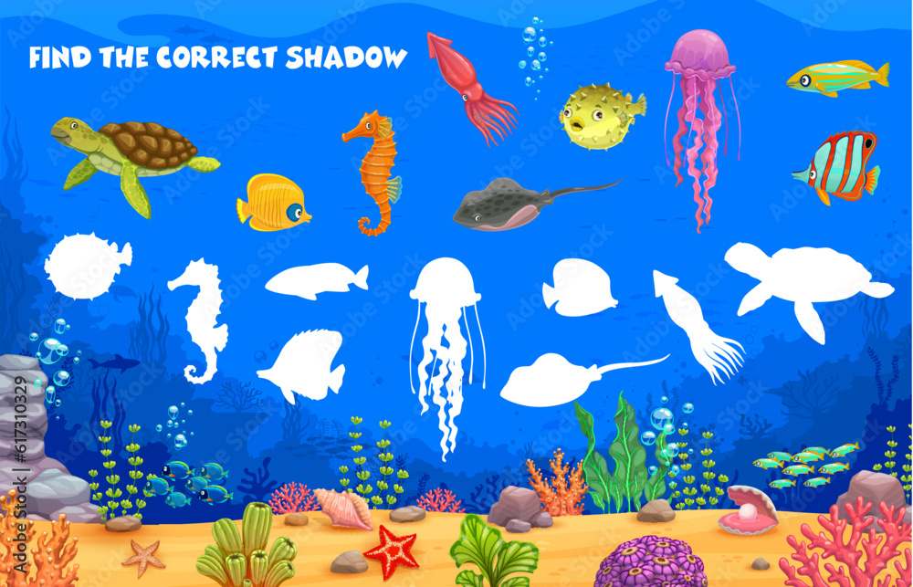 Poster find correct shadow of cartoon sea underwater animals and fish, vector puzzle quiz for kids. shadow 