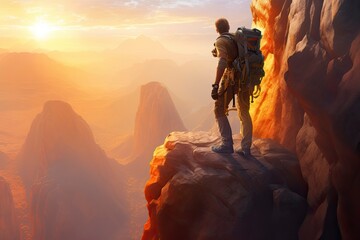 Fototapeta premium Illustration of a hiker with a backpack climbs up a cliff as the sun sets behind him, creating a beautiful silhouette against the sky. Generative Ai.