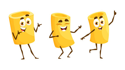 Cartoon paccheri Italian pasta cheerful character. Italy cuisine menu tasty pasta meal cute personages, paccheri gourmet or Italian restaurant meal isolated vector dancing and laughing mascots