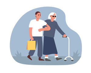 Cartoon guy helps elderly blind woman to walk. People from volunteering organization helping people with disability. Support for humans with special needs. Vector