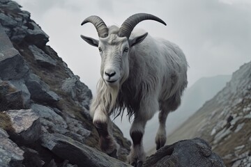 Obraz premium An illustration of a mountain goat climbs up a cliff while breathtaking mountain ranges unfold behind it, offering a captivating view into the distance. Generative Ai. 