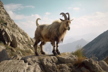 An illustration of a mountain goat climbs up a cliff while breathtaking mountain ranges unfold behind it, offering a captivating view into the distance. Generative Ai. 