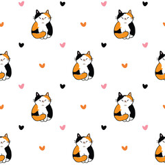 Seamless Pattern with Hand Drawn Cartoon Cat and Heart Design on White Background