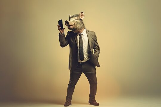 Illustration pig stands like a businessman and takes a selfie with a smartphone. Cream background. Generative Ai. 