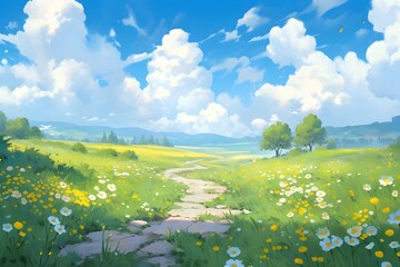 Summer fields, hills landscape, green grass, blue sky with clouds, Generative AI