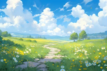 Fototapeten Summer fields, hills landscape, green grass, blue sky with clouds, Generative AI © yoli