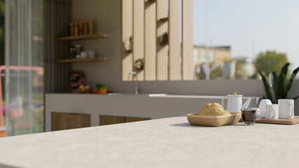 Close-up image of a copy space on a kitchen countertop with bread basket and coffee set