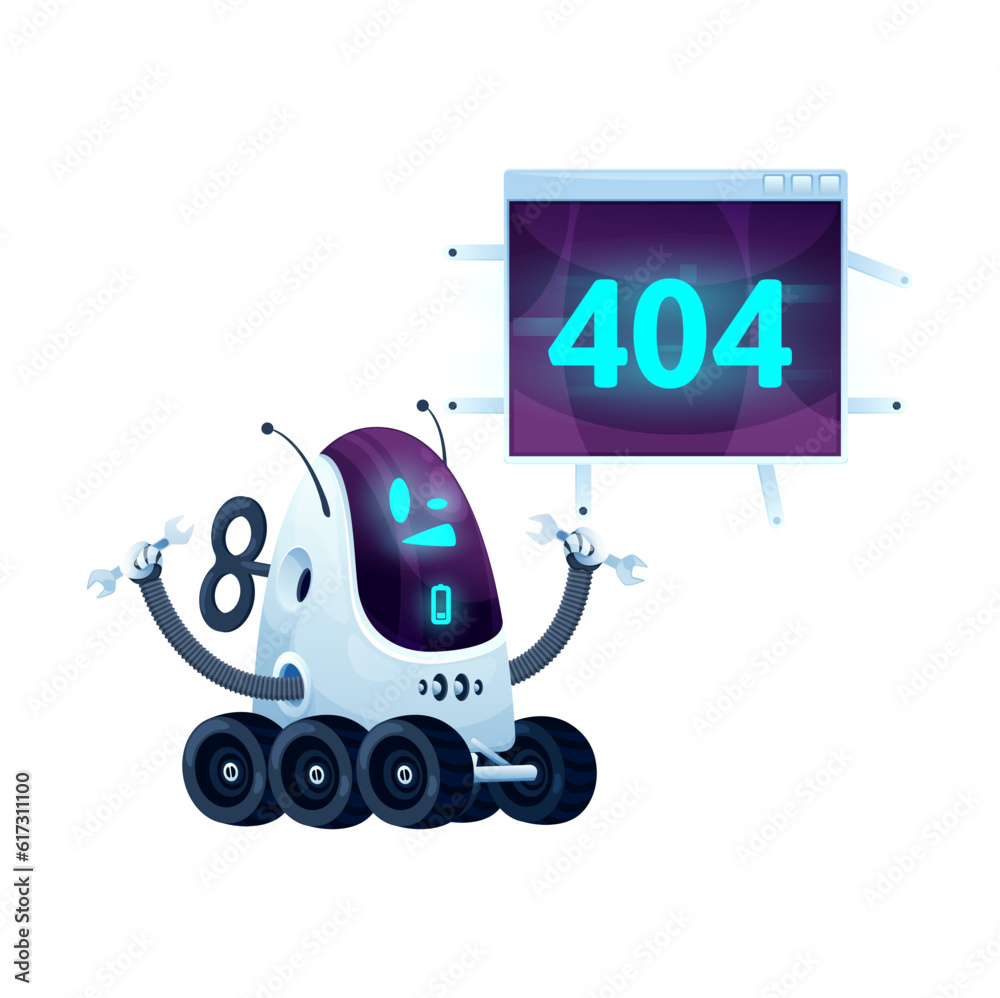 Poster 404 page with cartoon screen and futuristic robot. Network fail construction 404 banner, internet connection problem warning vector message with cute droid or robot character on wheels, holding wrench
