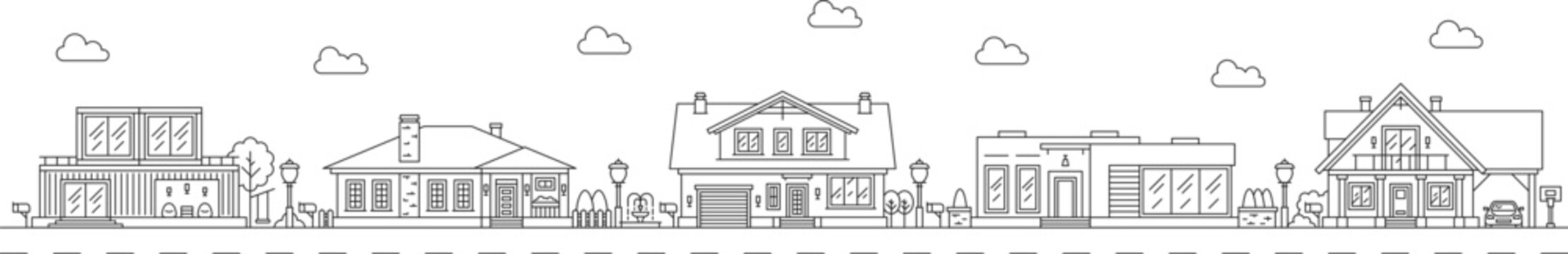 Neighborhood line art outline village or town house buildings. Neighborhood street mansion cityscape, town real estate property building panoramic view linear vector background with cottage houses
