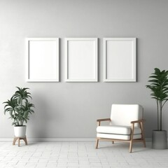 Fototapeta na wymiar Template Frame Art print Mock up three blank white photo frames in modern minimal interior Generative AI 