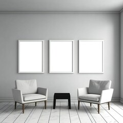 Template Frame Art print Mock up three blank white photo frames in modern minimal interior Generative AI 