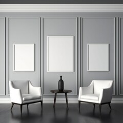 Template Frame Art print Mock up three blank white photo frames in modern minimal interior Generative AI 