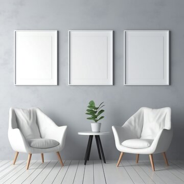 Template Frame Art print Mock up three blank white photo frames in modern minimal interior Generative AI 