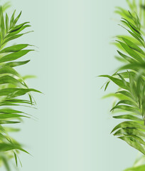 Frame of palm leaves at light blue background, front view
