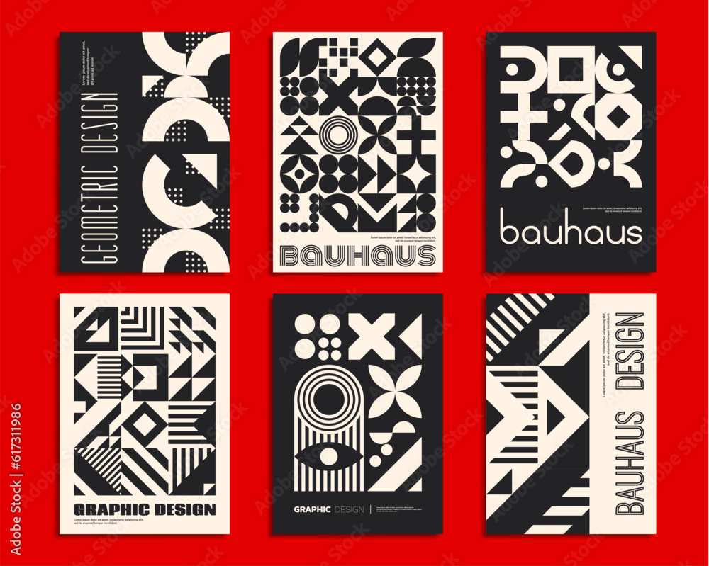 Poster monochrome bauhaus posters with geometric abstract patterns, vector magazine cover backgrounds. retr