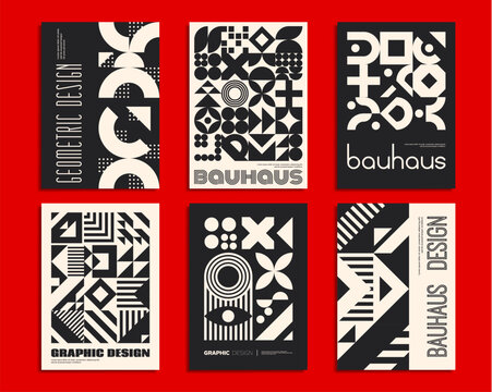 Monochrome Bauhaus posters with geometric abstract patterns, vector magazine cover backgrounds. Retro Bauhaus, Swiss or modern Scandinavian pattern posters with simple shape geometric elements