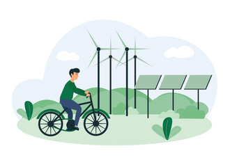 Cartoon guy riding bike near windmills and solar panels. Different people taking care of nature and living in eco green city. Social charity activities. Volunteers working together. Vector
