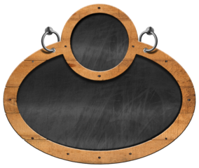 Old blank blackboard with wooden oval and circle frame (ellipse shape) and steel rings for hanging. Isolated on white or transparent background and copy space, template. Png.