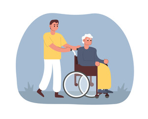 Cartoon guy helps elderly man in wheelchair. People from volunteering organization helping people with disability. Support for humans with special needs. Vector