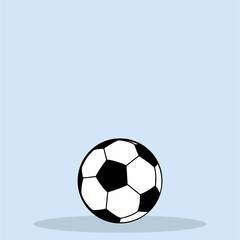 soccer ball with shadow, sports equipment, black and white illustration on blue background, conceptual vector icon, banner, template