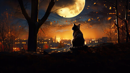 cat looking over city, full moon, autumn. 