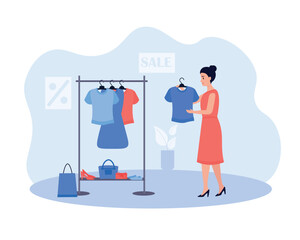Cartoon girl chooses shirt on hanger in store. Young people doing shopping. Making purchases from sale in fashion boutiques. Modern consumerism society. Vector illustration