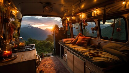 Morning view out of a campervan in the mountains. Adventure freedom and travel.