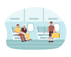 Coloured people going to airport for next trip. Time for travel abroad using plane. Tourists and travellers waiting for departure. Vector flat style illustration